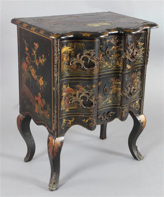 A late 19th century French chinoiserie lacquered serpentine commode, W.2ft 1in. D.1ft 6in. H.2ft 7in.